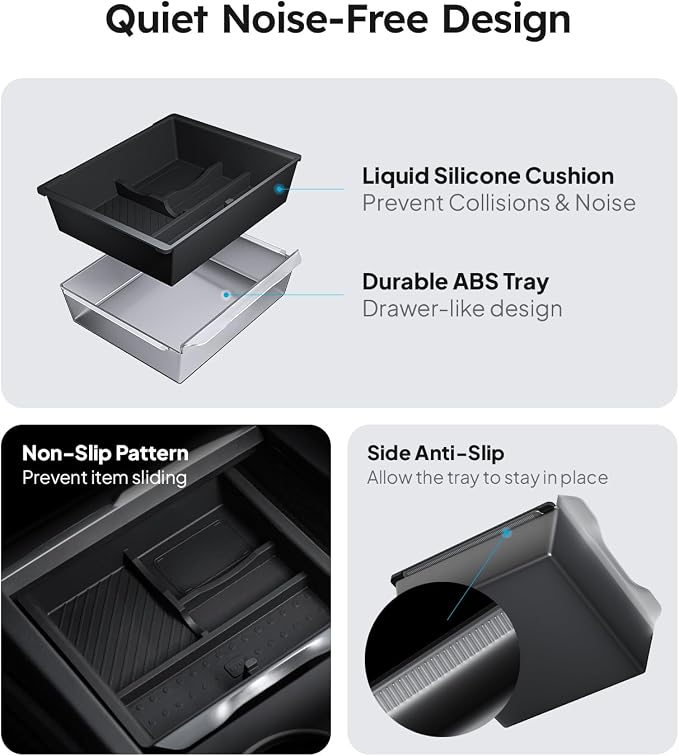 Wigoo Center Console Organizer for Tesla Model Y Juniper (Only Premium & Performance 2025 2026) and All Model 3 Highland Accessories [Double-Layer Storage, Smooth Sliding] 2PCS Black
