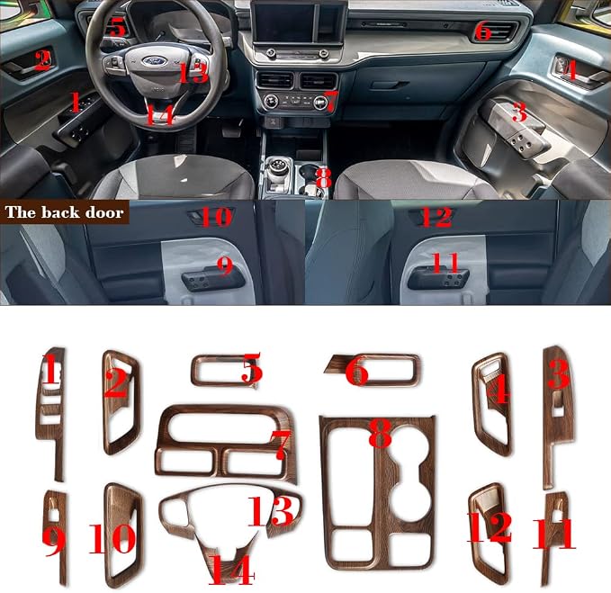 Muslogy for Maverick Set 14 Pcs Interior Decoration Trim Kit Overlays Steering Wheel Center Console Vent Window Switch Inner Door Cover Compatible with Ford Maverick 2022-2024 (Dark Wood Grain)