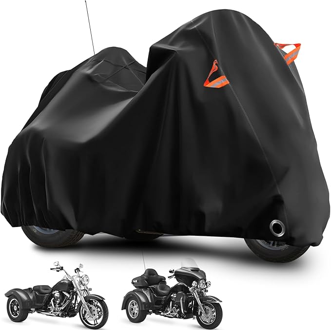 Trike Cover for Harley-Davidson Honda Gold Wing Kawasaki 3 Wheeler Motorcycle Outdoor Waterproof Storage Cover with Antenna Opening Windproof Buckle (Black)