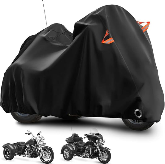 Trike Cover for Harley-Davidson Honda Gold Wing Kawasaki 3 Wheeler Motorcycle Outdoor Waterproof Storage Cover with Antenna Opening Windproof Buckle (Black)