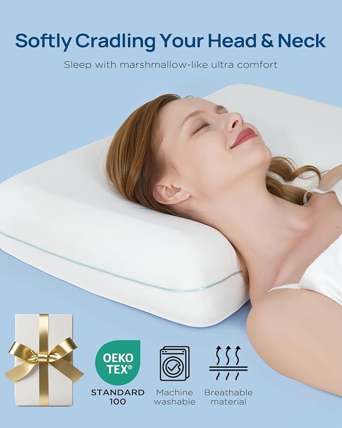 Releep Cooling Soft Memory Foam Pillow, Cervical Neck Pillow for Side Sleepers, Back & Stomach Sleepers, Ergonomic Orthopedic Design for Neck Pain Relief and Deep Sleep, CertiPUR-US