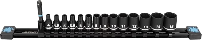 Spyder 15-Piece 1/4-inch Spline Drive Metric Shallow Impact Socket Set with Adapter, for 6pt, 12pt, Star, Square, Spline and Damaged Fasteners