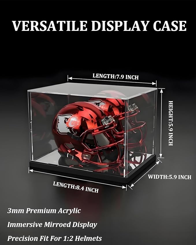Mini Helmet Display Case with UV Protection & Mirror Back | Clear Acrylic Showcase for 1:2 Scale Football, Baseball & Sports Memorabilia | 7.9" x 5.9" x 5.9" Dustproof Box