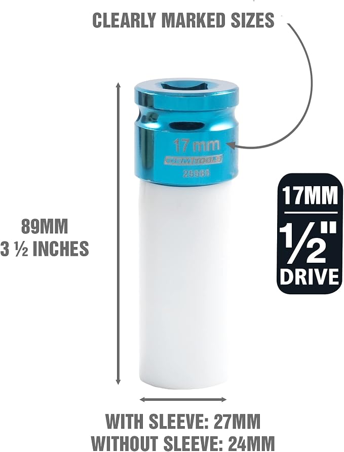 OEMTOOLS 25565 17MM Lug Nut Socket, 1/2" Drive 17 mm Socket for Wheel Service, Non-Marring Sleeve, Thin Wall, CR-MO Steel for Impact Tools, 400 Ft-Lb Max Torque