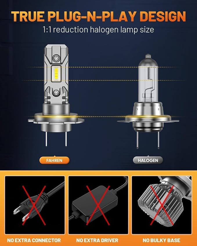 FORENNER NextGen H7 Light Bulb, 1000% Upgrade Bright, 1:1 Mini Size H7/H7LL Fog Light Thermostatic Control Design, IP68 No Adaptor Required Quick Install, Headlight Adjusting Screws Pack of 2