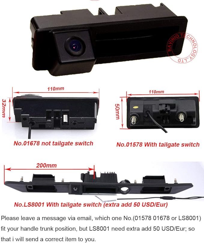 Trunk Handle Vehicle Camera Integrated into Case Handle Rear View Camera Parking Reverse for A6L/Q7/A3 8P 8V /A4 B6 B7/A6L/8E /S5 (Model 01678=110x30 mm)