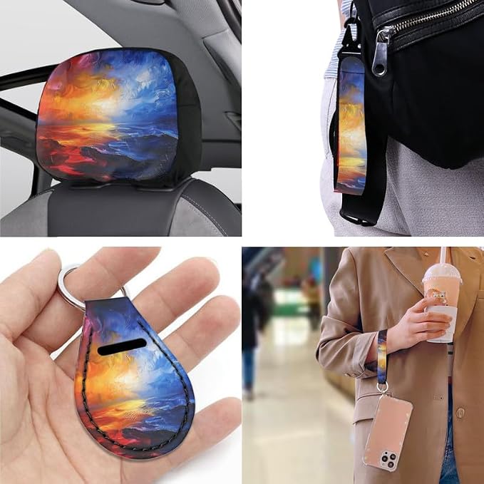 Sunrise Contrasting Color Gradient 13 Pack Car Accessories Set Include Car Sunup Oil Painting Front Seat Covers Car Decorations,Car Cup Pad Seat Belt Shoulder Pads, Universal Size, F9-13B