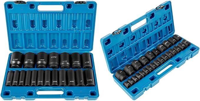VEVOR Impact Socket Set 1/2 Inches 19 Piece, Deep Socket, 6-Point Sockets, Rugged Construction & Impact Socket Set 1/2 Inches 26 Piece Impact Sockets, Shallow Socket, 6-Point Sockets