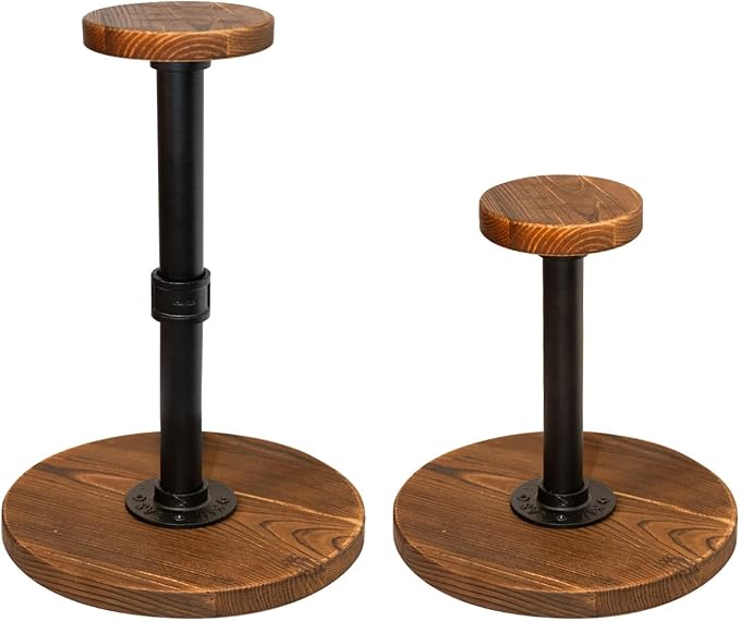 exquis Adjustable Helmet & Hat Display Stand – Rustic Wood Base with Matte Black Metal Rod, Height Adjustable 12"–17.5", Set of 2
