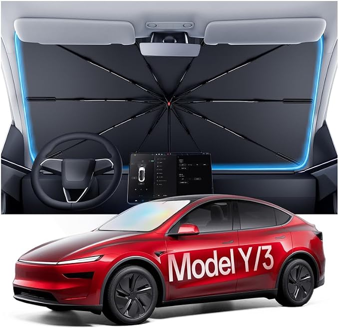 Windshield Sun Shade for Tesla Model Y 2020-2026 (Include Juniper), Foldable Umbrella Sunshade with 100% UV Block, Multi-Layer Heat Insulation, Keeps Car Cooler, Summer Car Accessory