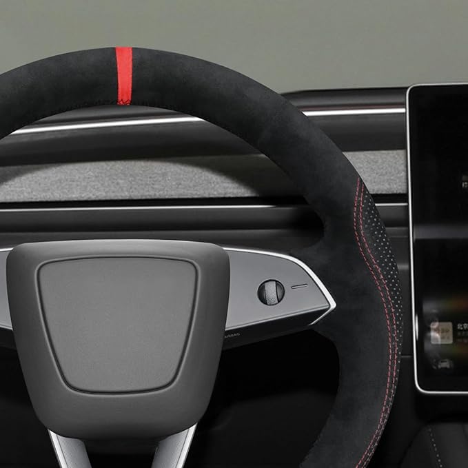 MEWANT Hand Stitch Black 9040 Athsuede Steering Wheel Cover Wrap for Tesla Model 3 Highland 2024 Model Juniper 2024