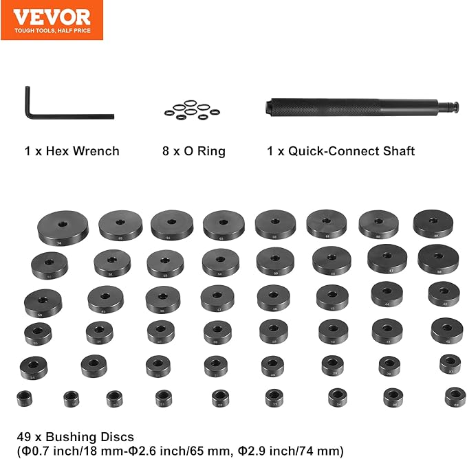 VEVOR 52PCS Custom Bushing Bearing & Seal Driver Set, Transmission Wheel Axle Bearing Race, Seal Driver Installer Remover, 18-65mm & 74mm Metric Discs Bush Removal Puller Bearing Press Tool Kit