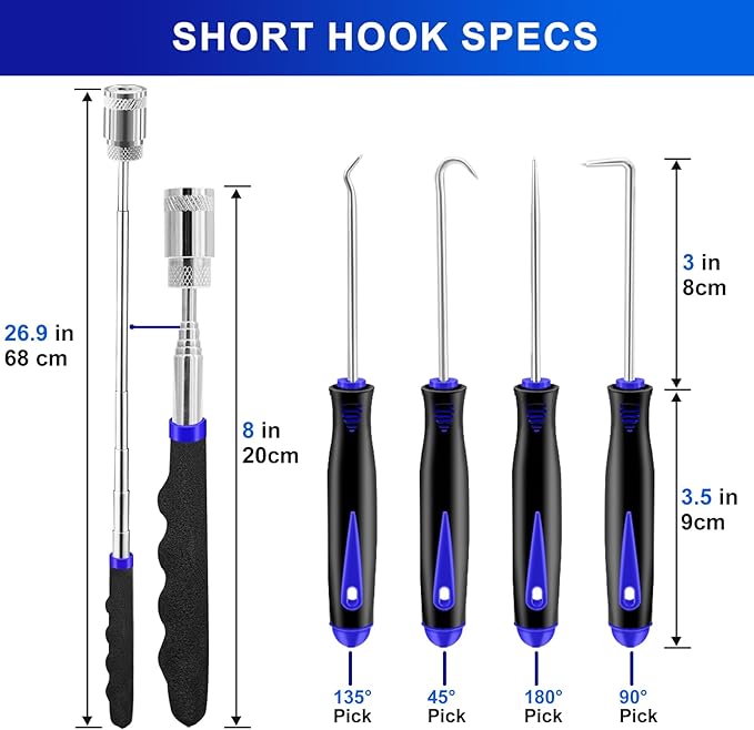 13 Pcs Precision Hook and Pick Tool Set with Clip Removal Plier Rivets Puller Fastener Remover Telescoping Magnetic Pickup Gasket Scraper for Electronics Maintenance Pick Tools Automotive Repair Blue