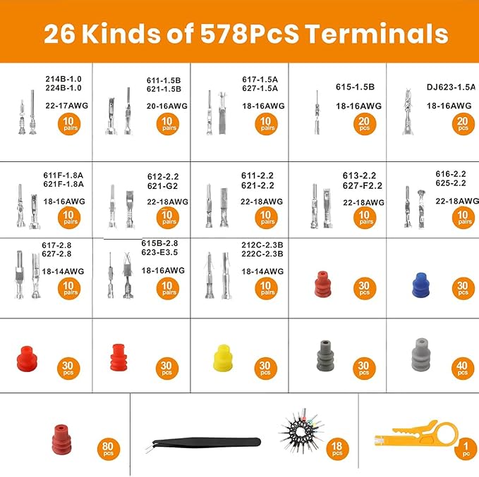 26 Types Automotive Wire Pin Connectors Kit, 1/1.5/1.8/2.2/2.3/2.8/3.5mm Non Insulated Terminal Pin Kit, Wiring Connectors Kit With Crimping Tool and Removal Tool