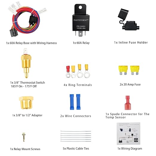 Electric Fan Relay Kit 12V 60 AMP Electric Radiator Cooling Waterproof Fan Relay Kit with Thermostat Control Switch 185 On 175 Off Upgrade