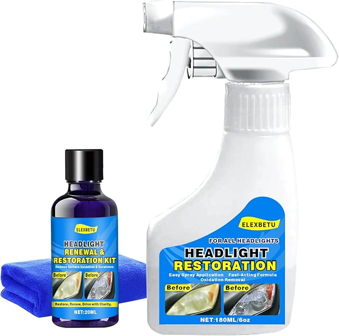 Headlight Restoration Kit, Automotive Headlamp Headlight Cleaner Restores Clear Yellowed Car Plastic and Protects from Re-Oxidation Includes Coating Agent and Towel,Sponge Wipe