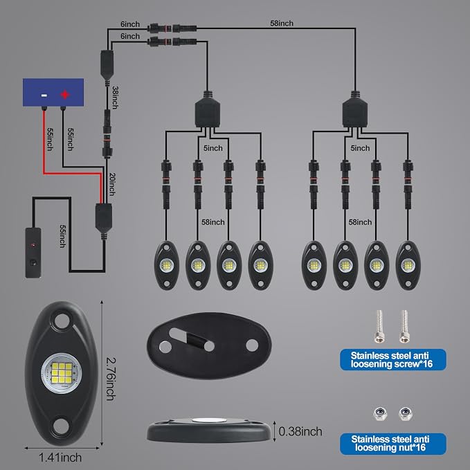 8pods White Rock Lights Dc 12v 6000k Aluminum Alloy Pure White Led Rock Lights with Switch Wiring Harness Kit Ip68 Waterproof for Trucks Pickup Off-Road Cars SUV Utv ATV Rv RZR Underglow Lights