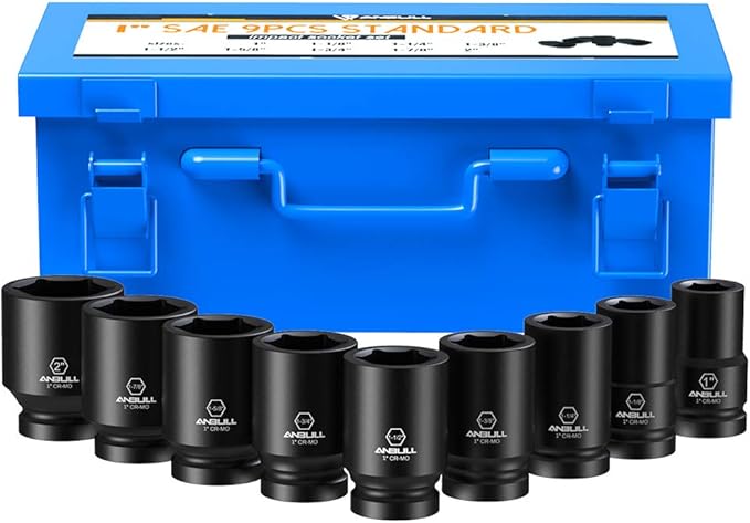 Anbull 1 Inch Drive Deep Impact Socket Set, 9 Pieces Jumbo Impact Socket Sets, 6-Point, SAE Sizes (1'', 1-1/8'', 1-1/14'', 1-3/8'', 1-1/2'', 1-5/8'', 1-3/4'', 1-7/8'', 2''), CR-Mo Steel (1 Inch-SAE)