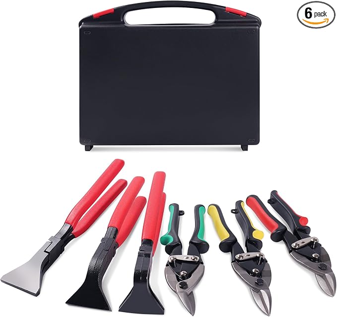 6-Piece Sheet Metal Tools Set – Aviation Tin Snips (Straight Left Right) & Hand Seamers (Straight, 45°, 90°), Metal Cutting Shears & Bending Pliers Kit for HVAC Ductwork Fabrication