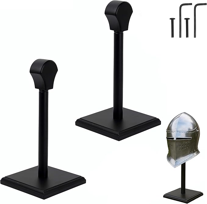 Medieval Wooden Helmet Display Stand (Set of 2) 16 Inch Black Acacia Wood Holders for Medieval, Viking, Spartan & Motorcycle Helmets | Solid Hardwood Rack for Hats, Wigs & Collectibles | Antique Finish
