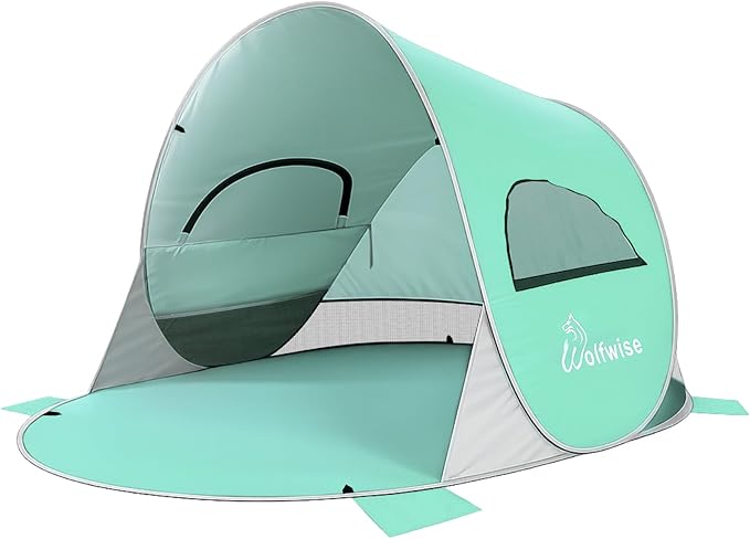 Wolfwise Pop up Beach Tent Sun Shelter with UPF50+ UV Protection, Instant Easy Setup Popup Beach Shade Canopy for 3 Person, Portable & Foldable with Carring Bag, 87 ×57×47 in, Mint Green