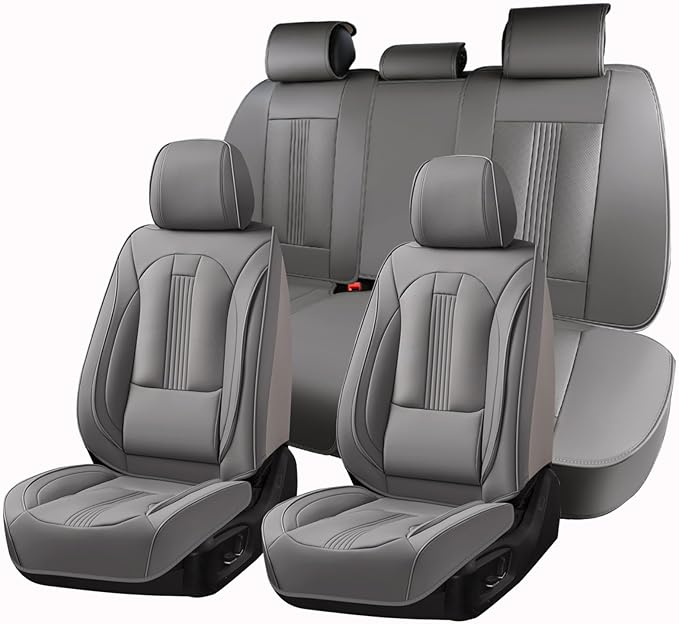 Huidasource Gray Seat Covers, Nappa Leather Car Seat Cover with Lumbar Support, Ventilation Holes, Velcro Adjustable, Airbag, Full-Coverage Seat Covers, Universal Fit for Most Cars SUV Trucks, Gray