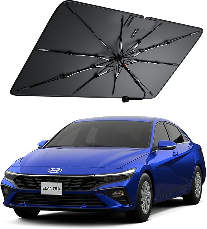 Windshield Sun Shade for Hyundai Elantra/Sonata 2000–2026, Foldable Umbrella Sunshade with 100% UV Block, Multi-Layer Heat Insulation, Reinforced 10-Rib Frame, Keeps Car Cooler
