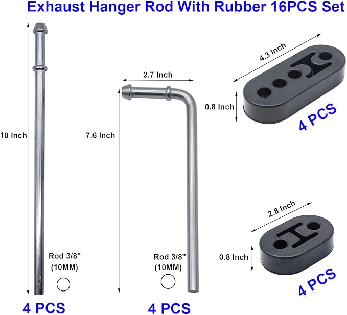 16PCS Rubber Exhaust Hanger Rod Set Heavy Duty 3/8"(10MM) Rod 90°7.6" Long + Straight 10" Long Muffler Hanger Mild Steel Zinc Coated 2 Hole 4 Hole Insulator Mount Car Automotive Replacement