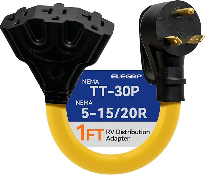 ELEGRP 30 Amp to 110 RV Adapter Plug, 3 Way Outlet Splitter, NEMA TT-30P to 3X5-15R/5-20R for Generator Camper Travel Trailer, 10AWG Heavy Duty STW with Grip Handles, UL Standard Compliant