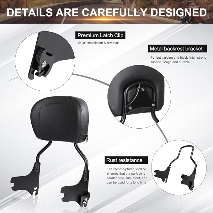 AUFER Detachable Upright Passenger Backrest Sissy Bar With Back Rest Pad Compatible With For Touring Road King Street Glide Electra Glide Road Glide FLHR FLHX FLHT FLTR 1997-2008（Black）