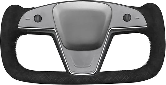 MEWANT DIY Steering Wheel Cover for Tesla Yoke Model S 2021-2023 Model X Made of Black Smooth Woven Embossed Athsuede