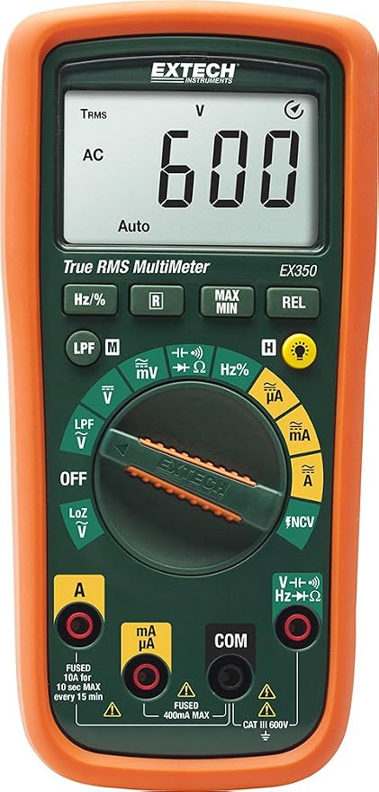 Extech EX350 True RMS Digital Multimeter with Non-Contact Voltage Detector - 11 Function Handheld Electrical Tester with LOZ, LPF, and Backlit LCD Display for Ghost Voltages and VFDs | AC/DC V/A, resistance, capacitance, frequency, Type K, 4000-count, ...
