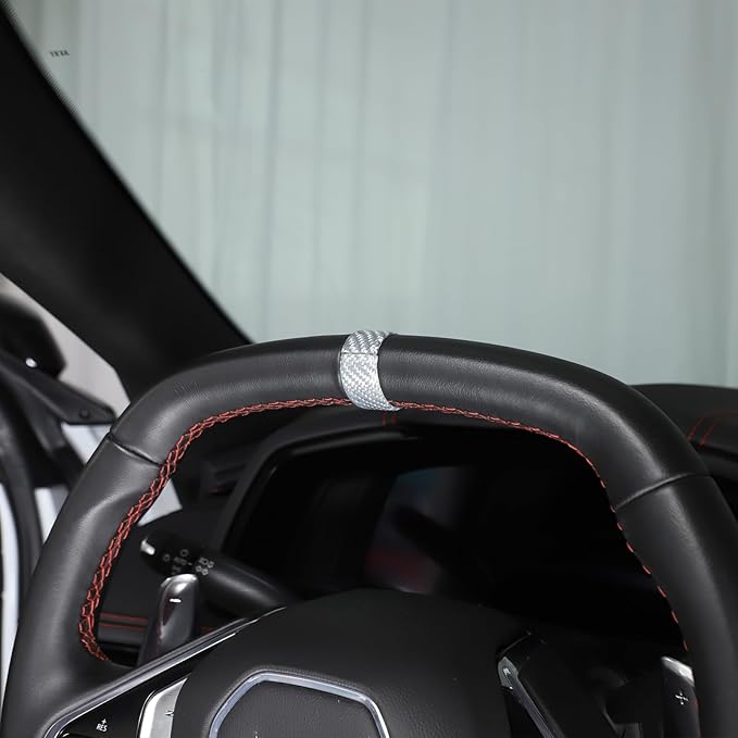 Daeiclru Real Carbon Fiber Steering Wheel Circle Cover Sticker Compatible with Chevrolet Corvette C8 Stingray 2020-2025, Steering Wheel Top Center Guide Decorative Accessories (Silver)