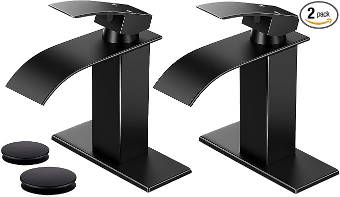 2 Pack Black Bathroom Faucets, Waterfall Bathroom Sink Faucet Modern Single Handle Bathroom Faucte 1 or 3 Hole, RV Mixer Tap Vanity Faucet - Includes Pop-up Drain Supply Hoses Deck Plate