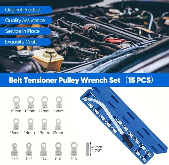 15PCS Universal Serpentine Belt Tensioner Tool Kit - 12-Point 12-19mm (0.47"-0.74") Wrench Set for Timing Belt Pulley Removal, Engine Nut Bolt Screw Remover
