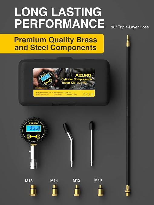 AZUNO Compression Tester Automotive, Digital Compression Gauge 200 PSI for Petrol Engine Cylinder Compression Tester Kit with Adapter & Hose
