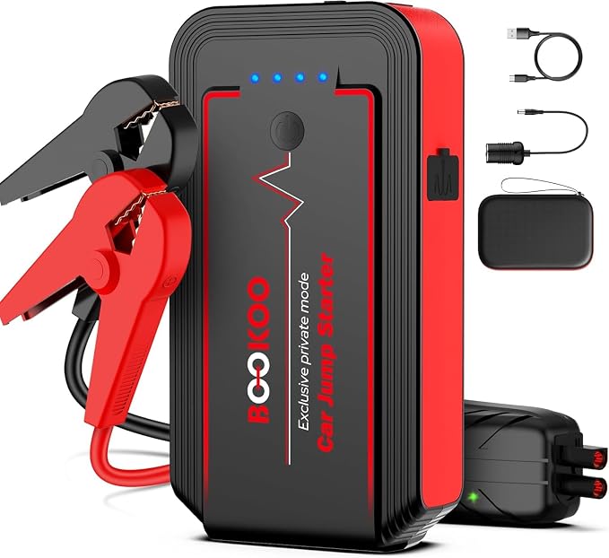 BOOKOO Jump Starter 4000A and 2000A, for Upto 10.0L Gas and 6.5L Diesel Engines, 74Wh Portable Car Battery Jump Starter with Dual USB Port,3 LED Modes,Carry Box