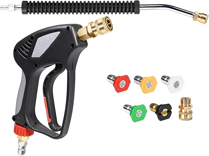 TOOLCY Pro Pressure Washer Gun and Wand, 5000 PSI High Pressure Washer Gun with 18" Curved Extension Wand, 360° Swivel, 1/4" Quick Connect Outlet, Includes 3/8" QC to M22-14mm Adapter & 5 Nozzle Tips