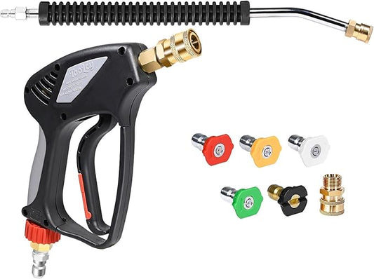 TOOLCY Pro Pressure Washer Gun and Wand, 5000 PSI High Pressure Washer Gun with 18" Curved Extension Wand, 360° Swivel, 1/4" Quick Connect Outlet, Includes 3/8" QC to M22-14mm Adapter & 5 Nozzle Tips