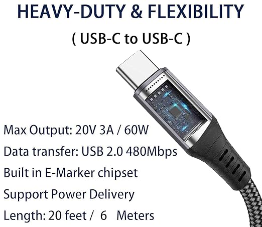 20FT USB-C to USB-C Cable 60W, Extra Long USB Type-C to Type-C Cable 2.0, USB C Charger Cable for iPhone 17, MacBook Pro 2020,iPad Air 5th,Galaxy S24 S23,Note 20, Pixel 6,PS5/4, Switch, Oculus,Laptops