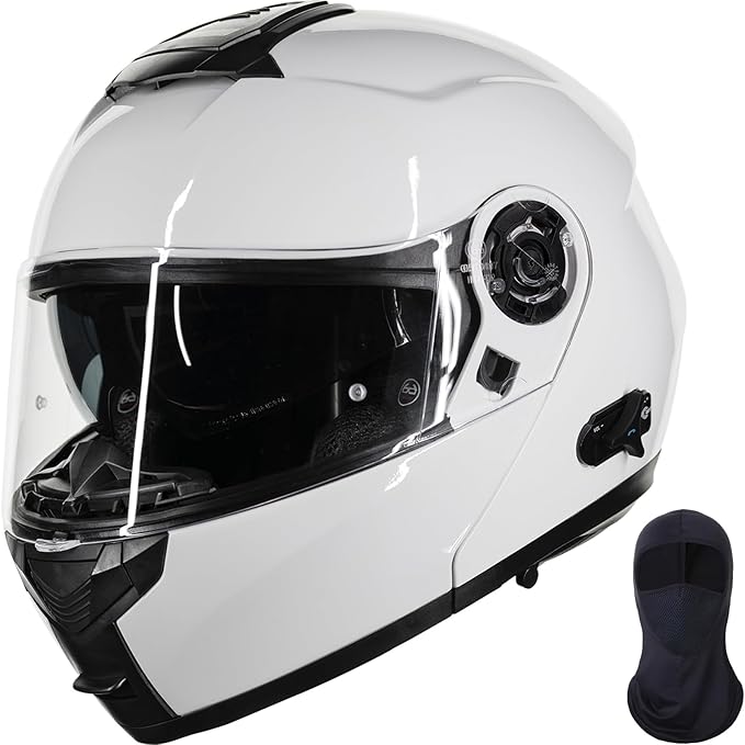 ILM 159BT Bluetooth Modular Motorcycle Helmet 2-3 Riders Intercom Full Face Flip up Casco DOT with Face Mask (White, XL)