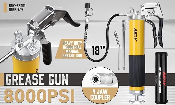 Heavy Duty Grease Gun Kit - 14oz Free Grease Tube 8000 PSI Pistol High Pressure Flexible Hose Bearing Grease Pump Marine Durable Connectors Adapters Extension Tubes Nozzle Easy Operation