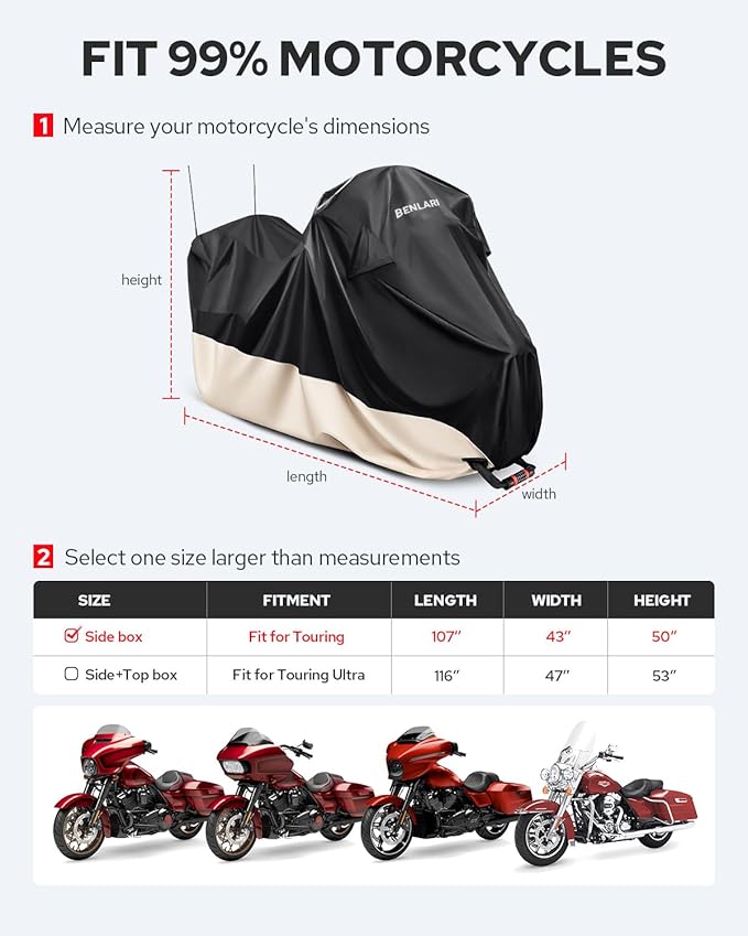 Benlari Waterproof Motorcycle Cover with Side Top Box Compatible with Harley Davidson Touring Models Road King Street Glide Road Glide Electra Glide Outdoor All Weather Protection, L,107" x 43" x 50"