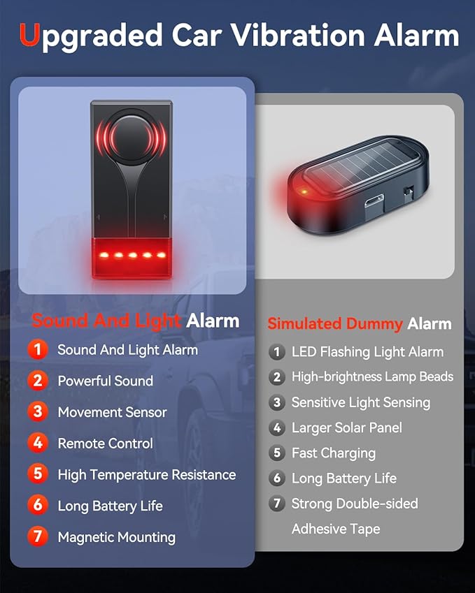 Car Anti-Theft Vibration Alarm, ELECTOP 108dB Automobile Vibration Sound & Light Alert, Wireless Remote Car Alert Automotive Warning Interior Safety Light with 2pcs Alarm