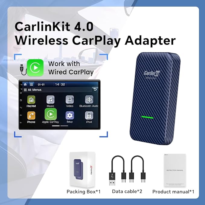 Carlinkit Wireless CarPlay Adapter for iPhone, 4.0 Adapter Convert Wired to Wireless, Support Android Auto, Voice, Music, GPS, Keys, etc. CPC200-CP2A, Blue