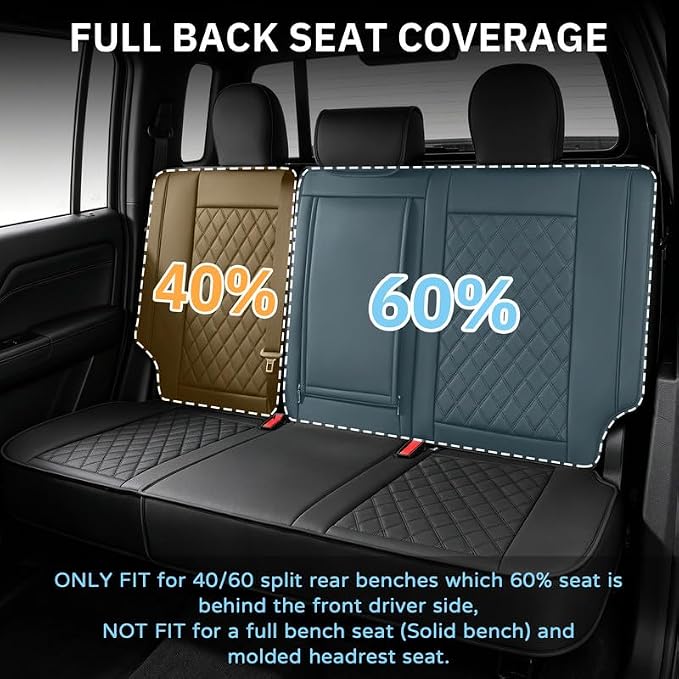 JAOGAUS Car Seat Covers Fit for Ford F150 2015-2025 2026 Super Crew XL XLT | Pickup Custom Fit Rear Seat Nappa Leather 60/40 Spilt Seat Covers, Waterproof Airbag Compatible Black Trucks Replacement