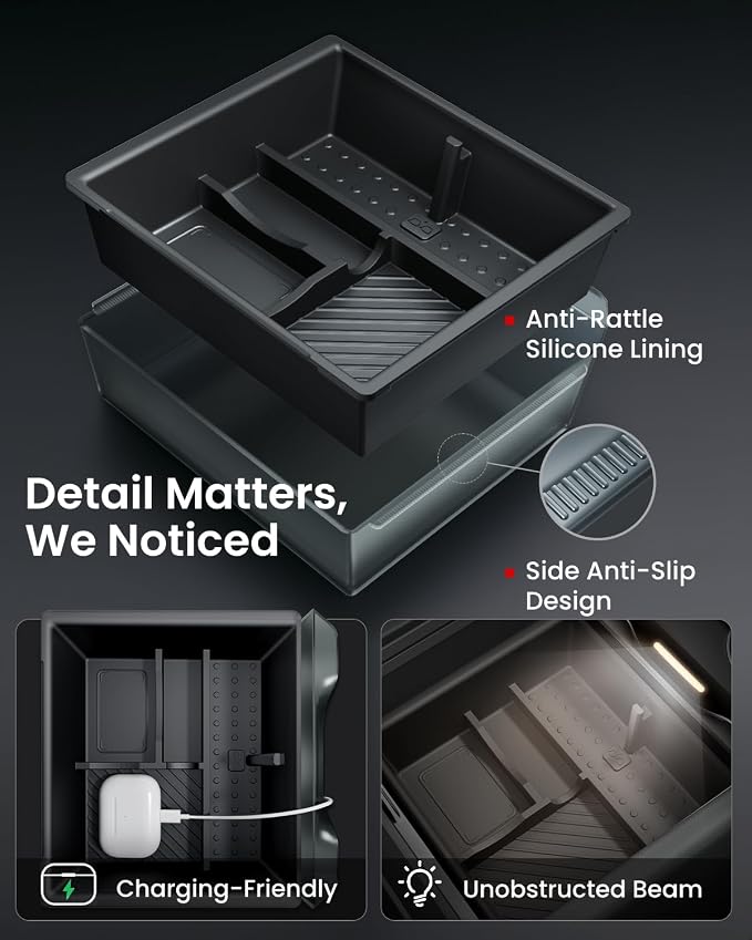 REEVAA 4-in-1 Center Console Organizer Set for Tesla Model Y Juniper & Model 3 Highland 2024/2025/2026, [Maximize Space, Zero Interference], Storage Trays with Odorless Pure Silicone Liners, Grey