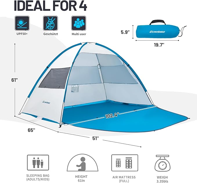 EchoSmile UPF 50+ Beach Tent Sun Shelter for 3/4 Person, Portable Beach Cabana Tent