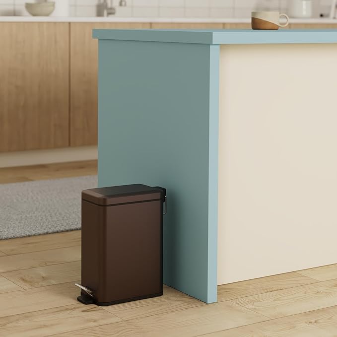 Homie Soft Close, Slim Trash Can 3.2 Gallon with Anti - Bag Slip Liner and Lid, Use as Mini Garbage Basket, Slim Dust Bin, or Decor in Bathroom, Restroom, Kitchen, or Bedroom (Bronze)