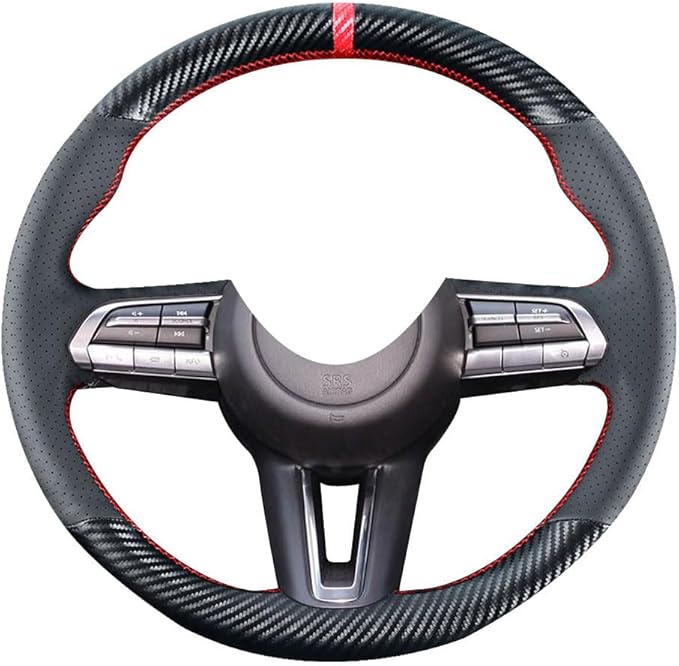 DIY Stitching Carbon Fiber Steering Wheel Cover for Mazda CX-30 SUV 2020-2023 / Mazda 3 2019-2023 15 inches Leather Interior Accessories